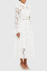 Freya Ruffle Lace-embroidered Belted Midi Dress - White