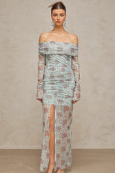 Honorine blue floral-print ruched maxi dress