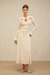 Capucine neutrals cross-over embellished midi dress