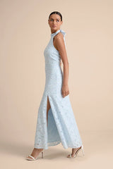 Vaelyn Light Blue Crochet Lace Halter Maxi Dress