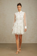 Camille white 3D-petal tulle mini dress
