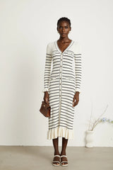 Liana white striped fluted-hem midi dress