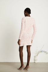 Capucine light pink check-pattern cardigan & skirt matching set