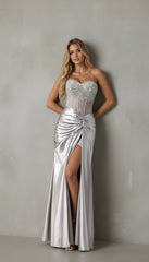 Luxurious Silver Beaded Corset Satin High-Slit Evening Gown