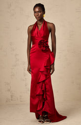 Letizia red halterneck 3d-petal ruffled maxi dress