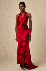 Letizia red halterneck 3d-petal ruffled maxi dress
