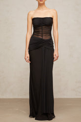 Justine black semi-sheer pleated tulle maxi dress