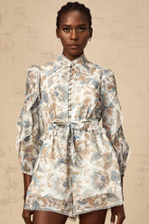 Eugénie blue lace-trim floral-print ruffled jumpsuit
