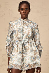 Eugénie blue lace-trim floral-print ruffled jumpsuit