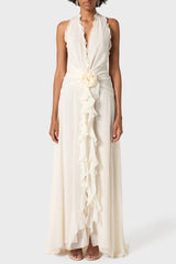 Aonaver Floral Ruffle Halter Maxi Dress - White