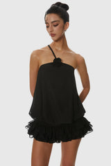 Dellesa Floral One Shoulder Top - Black