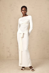 Elena white ribbon twist-detail ruched maxi dress