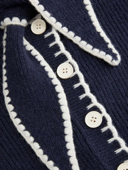 Knit Stand Collar Bowknot Contrasting Binding Long Sleeve Cardigan
