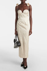 Durana Floral Appliqué Bustier Midi Dress - Beige