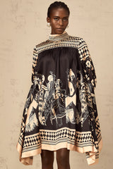 Ingrid black pattern-print tied mini dress