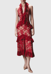 Carolynne Lace Halter Ruffle Midi Dress