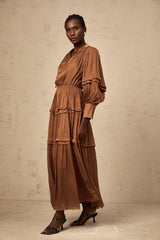 Emma brown ruffled-trim tiered maxi dress