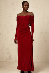 Hélène red ruched fitted velvet maxi dress