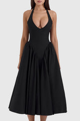 Ebrill Halter V-neck Ruched Midi Dress - Black