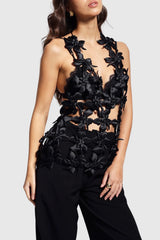 Juliete Floral Cutout Backless Top - Black