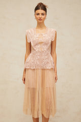Céleste floral-lace-panelling tulle midi dress in Pink