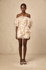 Cerise asymmetric flounce mini dress in Neutrals