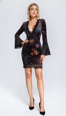 Boho Floral Print V-Neck Velvet Bodycon Mini Dress With Lace Trim