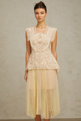 Céleste floral-lace-panelling tulle midi dress in Neutrals