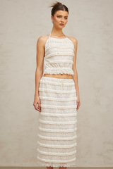 Héloïse off-white floral-lace ruffled top & skirt matching set