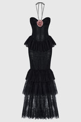 Adalira Halter Flower Lace Corset Maxi Dress