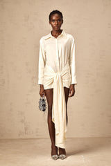 Daphné white ribbon ruched mini shirt dress