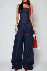 Kyra Strapless Lace Up Denim Set