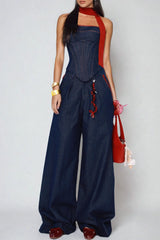 Kyra Strapless Lace Up Denim Set