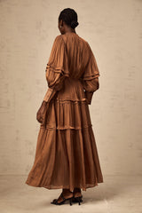 Emma brown ruffled-trim tiered maxi dress