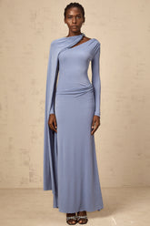 Josette blue diagonal-shawl fitted maxi dress