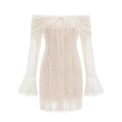 Émeline floral lace flared-cuff mini dress in Neutrals