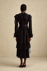 Lucie black guipure-lace ruffled midi dress