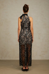 Coralie black floral-lace halterneck maxi dress