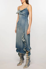 Kenzia Asymmetric Denim Ruffle Midi Dress