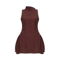 Dora brown asymmetric-neck puff mini dress