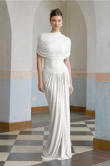 Catherine asymmetric pleated maxi dress in White