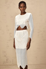 Constance white wavy woven top & skirt matching set