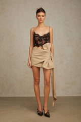 Fanny beige bow ruched mini skirt