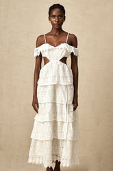 Genevieve white lace open-work maxi dress