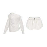 Andrea asymmetric tulle blouse & skirt matching set in White