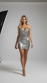 Glamorous Silver Chainmail Cowl Neck Halter Mini Dress