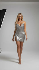 Glamorous Silver Chainmail Cowl Neck Halter Mini Dress
