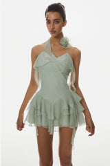 Kyrie Halter Floral Ruffle Mini Dress - Green