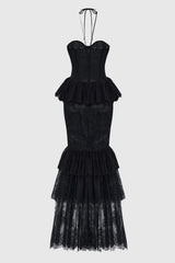 Adalira Halter Flower Lace Corset Maxi Dress