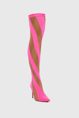 Maeve Stripe Mesh Sock Thigh-high Boots - Pink